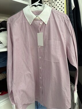 Cos cotton button down shirt in purple pinstripe with White Contrast Collar 10